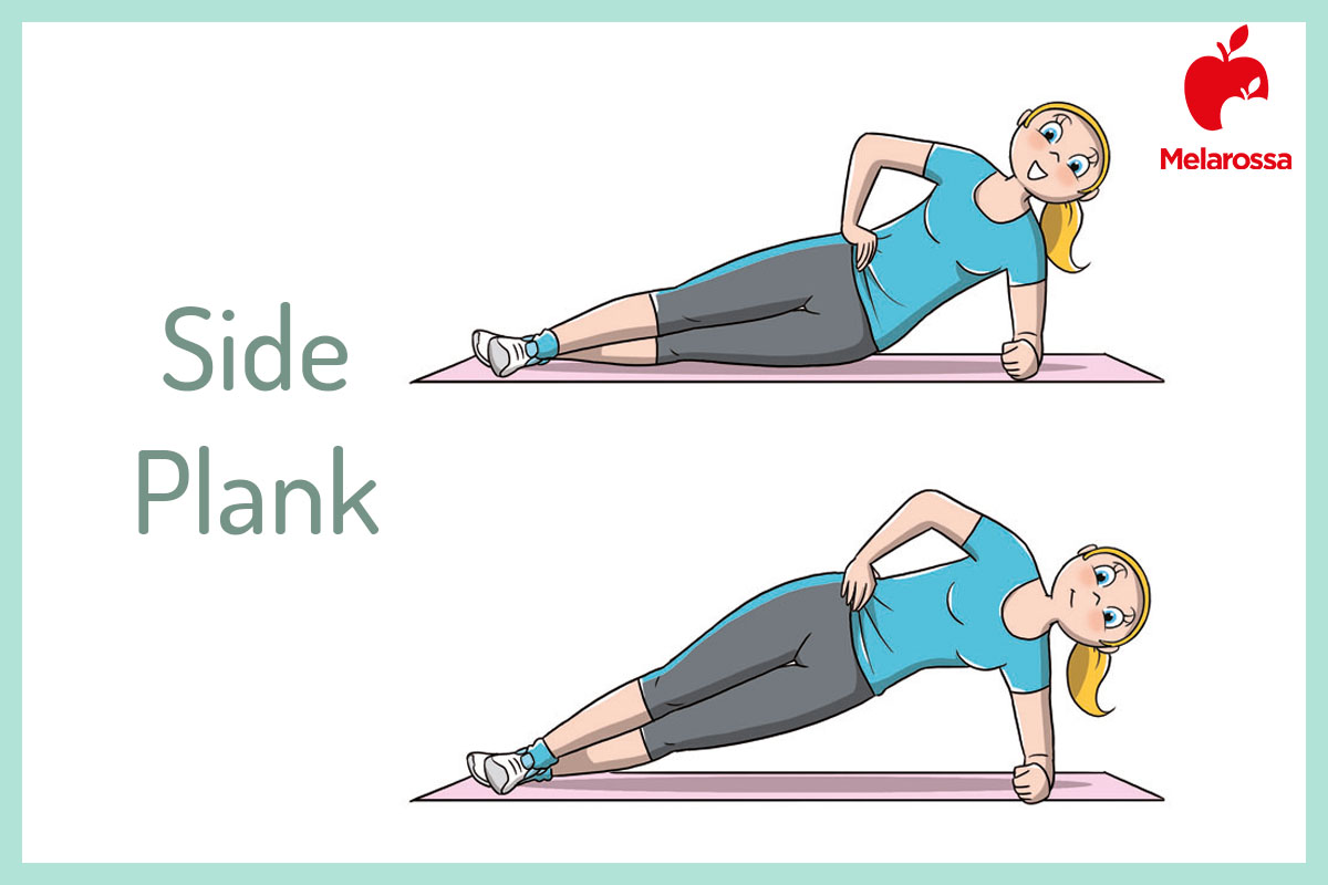 Allenamento per chi è in sovrappeso: esercizi e programmi per dimagrire 10 Illustrazione di una donna che esegue un side plank uno dei migliori esercizi per dimagrire