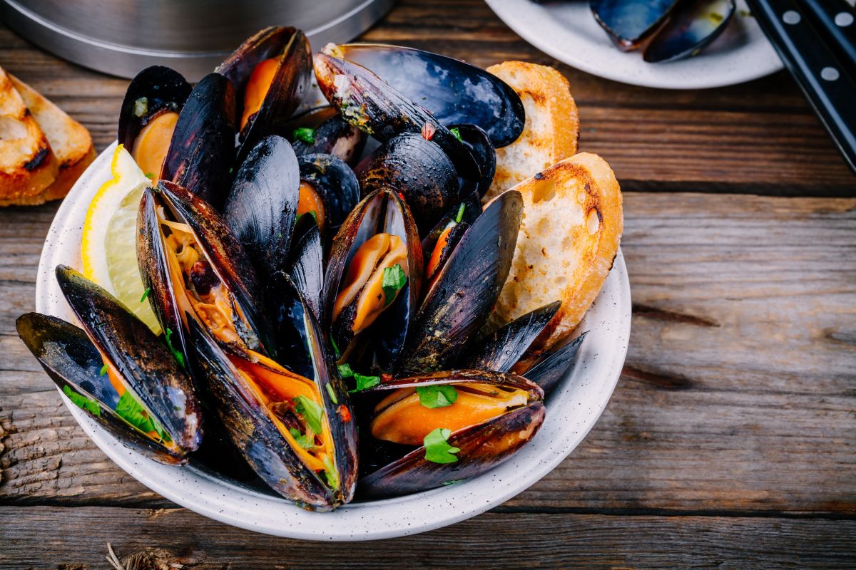Come pulire le cozze: la guida illustrata 1 Un piatto di cozze con del pane accanto