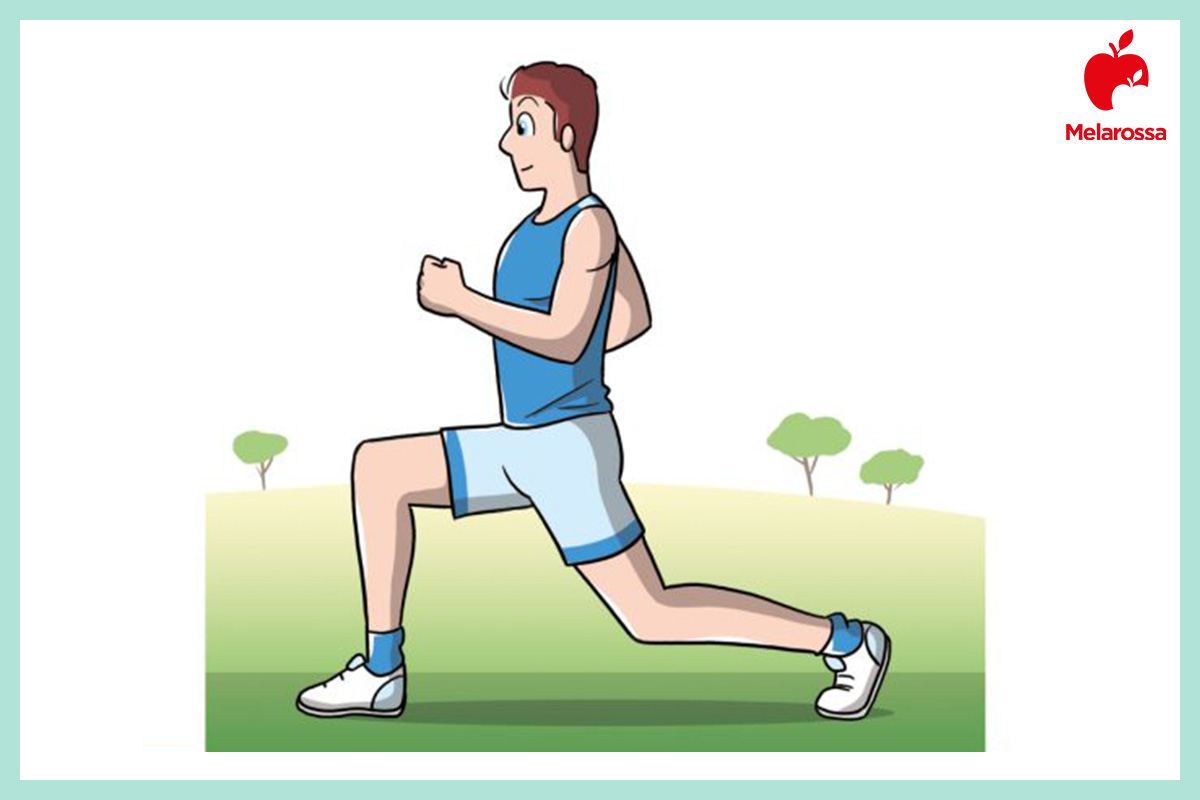 Allenamento funzionale: che cos'è, benefici, scheda di allenamento e esempi di esercizi di functional training 7 Grafica allenamento funzionale con uomo che esegue affondo in avanti con una gamba piegata a 90 gradi e l’altra distesa dietro.
