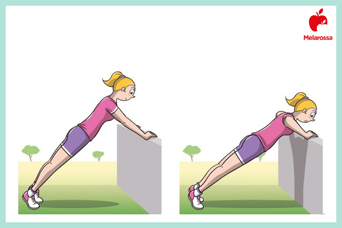 Allenamento funzionale: che cos'è, benefici, scheda di allenamento e esempi di esercizi di functional training 6 Grafica allenamento funzionale con donna che esegue piegamenti in piedi appoggiata a un muro con corpo inclinato.