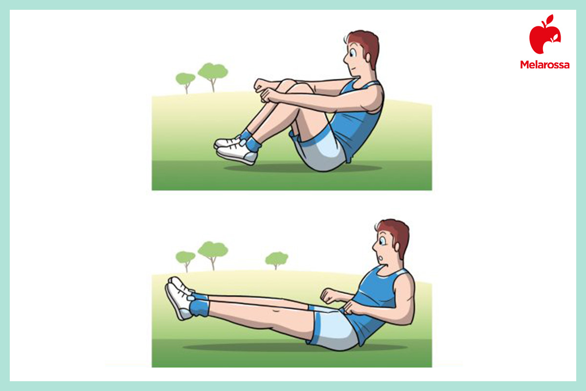 Allenamento funzionale: che cos'è, benefici, scheda di allenamento e esempi di esercizi di functional training 5 Grafica allenamento funzionale con uomo che esegue l’esercizio del vogatore da seduto con gambe flesse e distese.