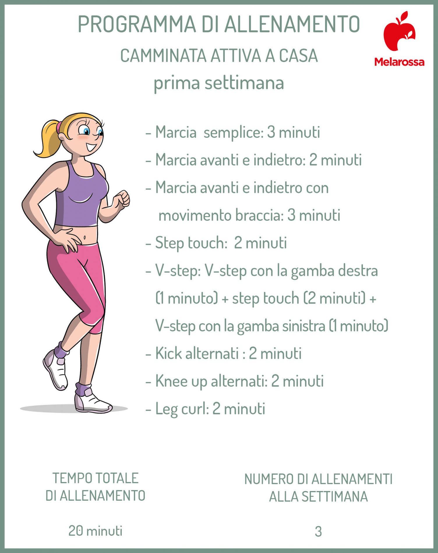 Walk at home o camminata attiva in casa: programma di 4 settimane per bruciare calorie velocemente 9 Tabella di un programma di allenamento di walk at home o camminata attiva della prima settima. Elenco degli esercizi da fare