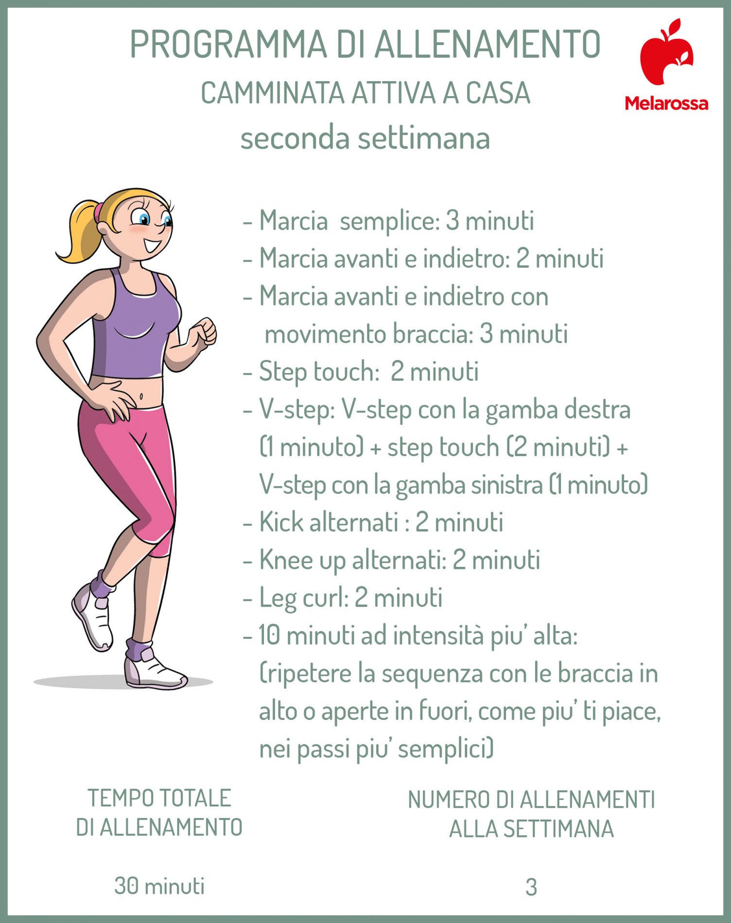 Walk at home o camminata attiva in casa: programma di 4 settimane per bruciare calorie velocemente 10 Tabella di un programma di allenamento di walk at home o camminata attiva della seconda settima. Elenco degli esercizi da fare e tempo di allenamento.