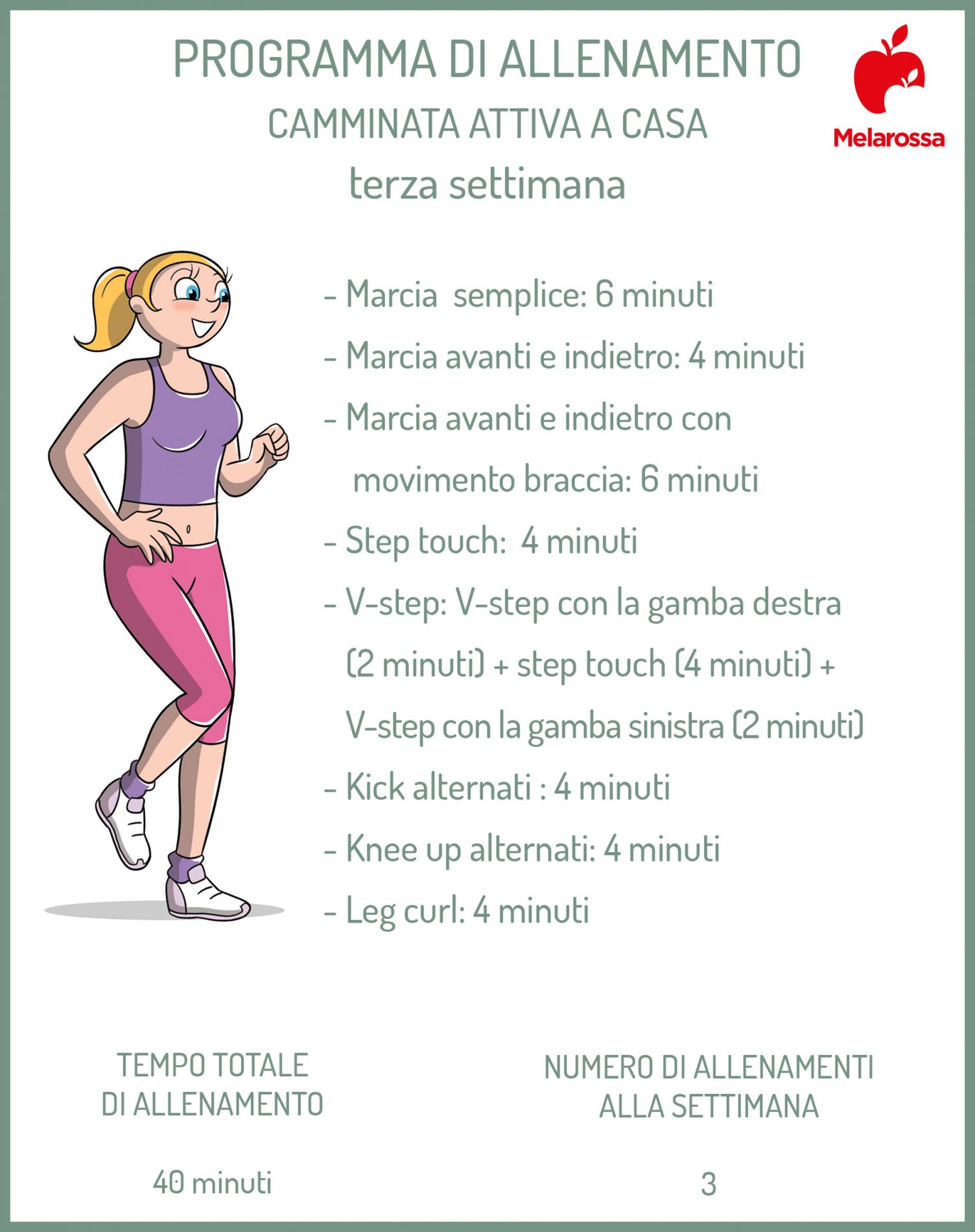 Walk at home o camminata attiva in casa: programma di 4 settimane per bruciare calorie velocemente 11 Tabella di un programma di allenamento di walk at home o camminata attiva della terza settima. Elenco degli esercizi da fare e tempo di allenamento.