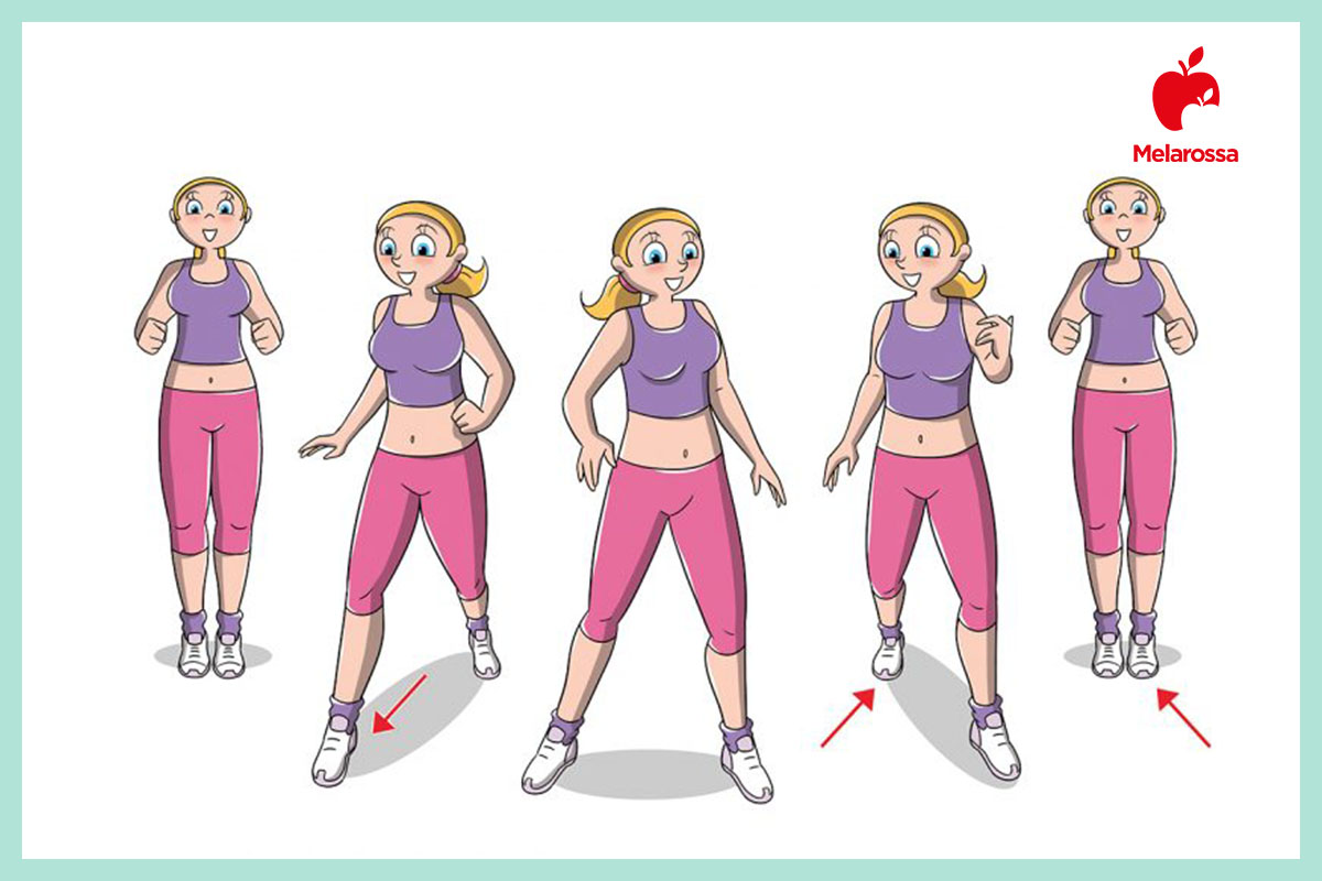 Walk at home o camminata attiva in casa: programma di 4 settimane per bruciare calorie velocemente 5 Illustrazione di una donna che esegue Il V step in 2 fasi per spiegare esercizi di walk at home. In alto a destra logo Melarossa