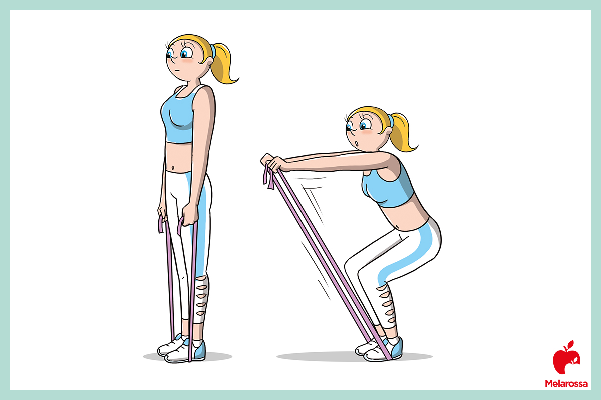 Allenamento delle modelle di Victoria’s Secret: routine e esercizi per avere un corpo scolpito 11 Illustrazione di una donna che esegue lo squat con elastico
