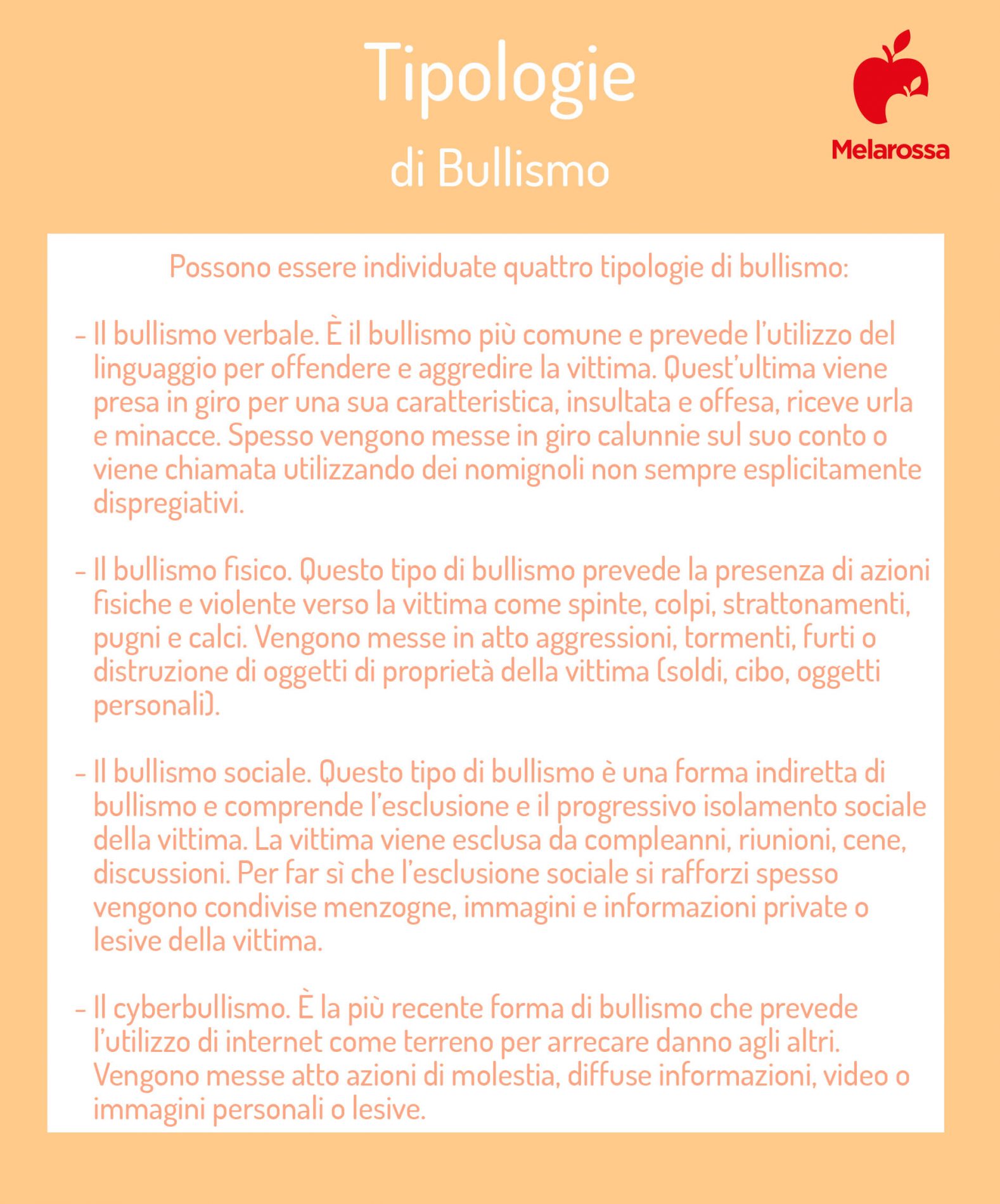 Bullismo: che cos’è, principali forme, caratteristiche del bullo e della vittima, cause e conseguenze, cure e prevenzione 2 bullismo tipologie