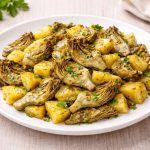 Carciofi e patate: il contorno semplice da fare in padella 1 In primo piano su un tavolo di legno chiaro c'è un piatto fondo bianco con carciofi e patate e del prezzemolo tritato sopra. Sullo sfondo c'è un mazzetto di prezzemolo e un tovagliolo chiaro.