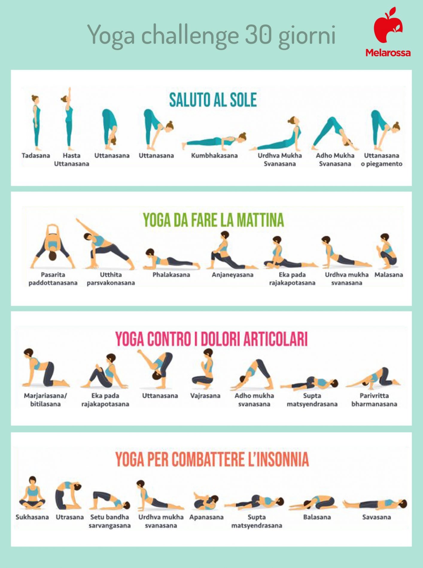 Yoga challenge: programma di 30 giorni per ritrovare la forma e l'armonia 1 Grafica di un programma di yoga challenge con il saluto al sole, lo yoga da fare la mattina, contro i dolori articolari e per combattere insonnia