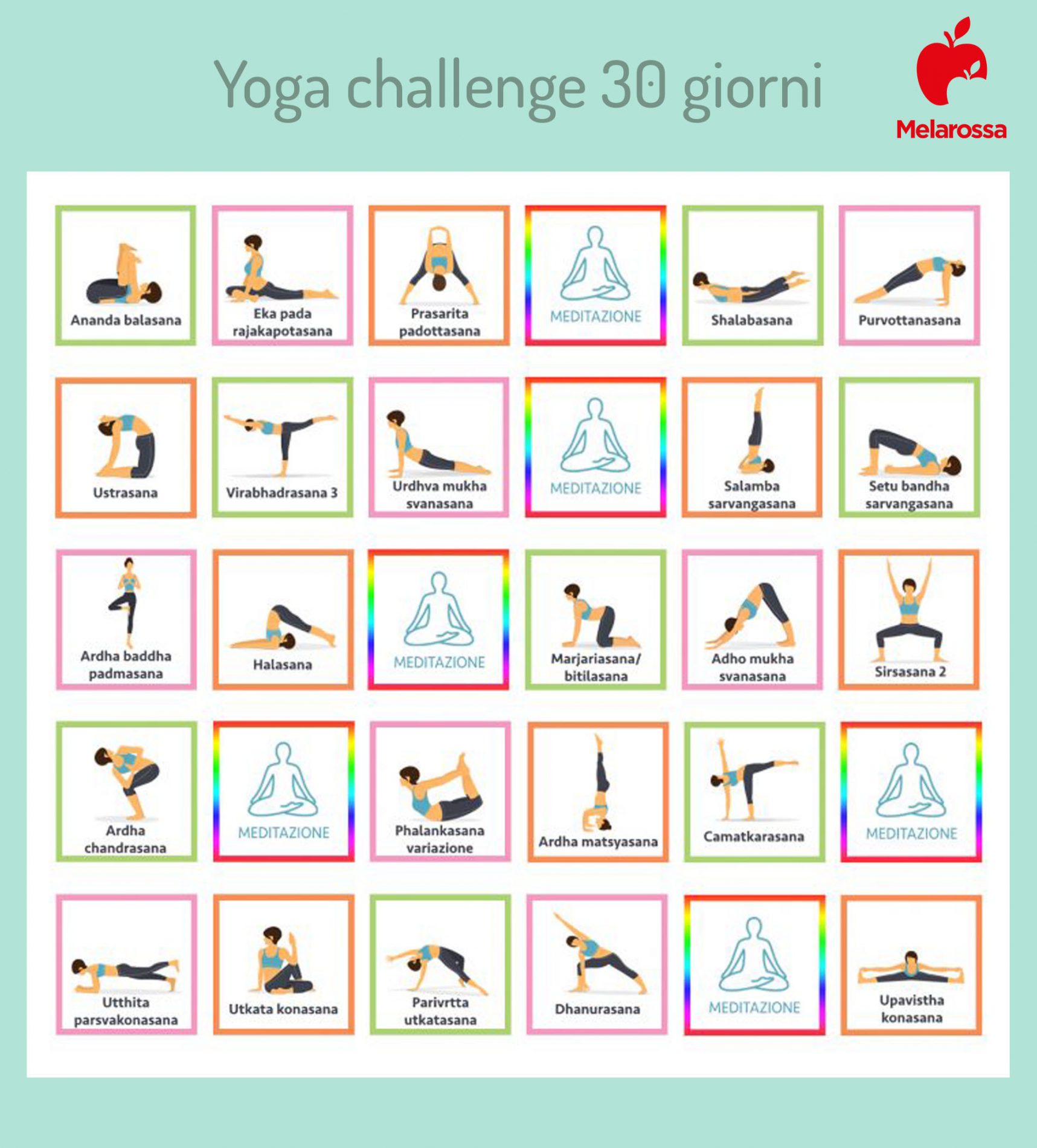 Yoga challenge: programma di 30 giorni per ritrovare la forma e l'armonia 2 Grafica di un programma di yoga challenge con Asana da fare ogni mattina