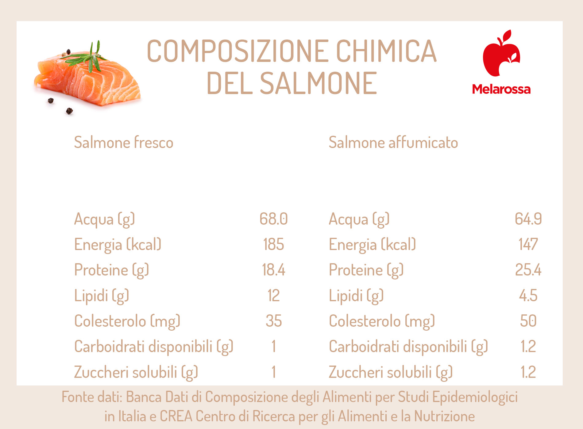 Salmone: calorie, ricette, differenze tra fresco e affumicato e valori nutrizionali 2 grafica sulla composizione nutrizionale del salmone