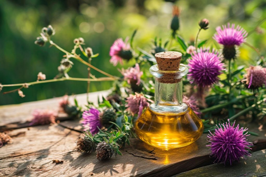 Cardo mariano: proprietà, integratori e controindicazioni 1 Una boccetta di olio con accanto dei fiori di cardo mariano