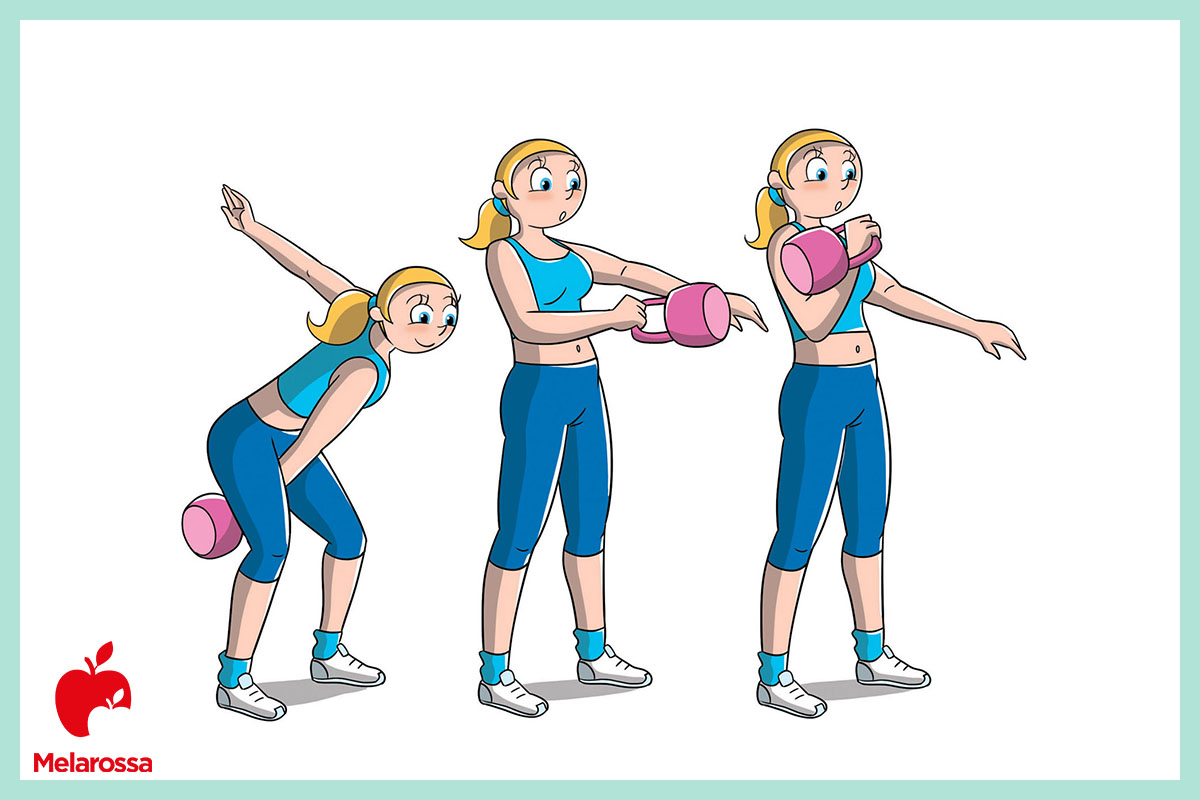 Kettlebell: come iniziare e allenarsi, i migliori esercizi 3 Illustrazione che mostra il movimento del kettlebell clean: spinta dal basso, sollevamento del peso e posizione finale con il kettlebell vicino al petto.