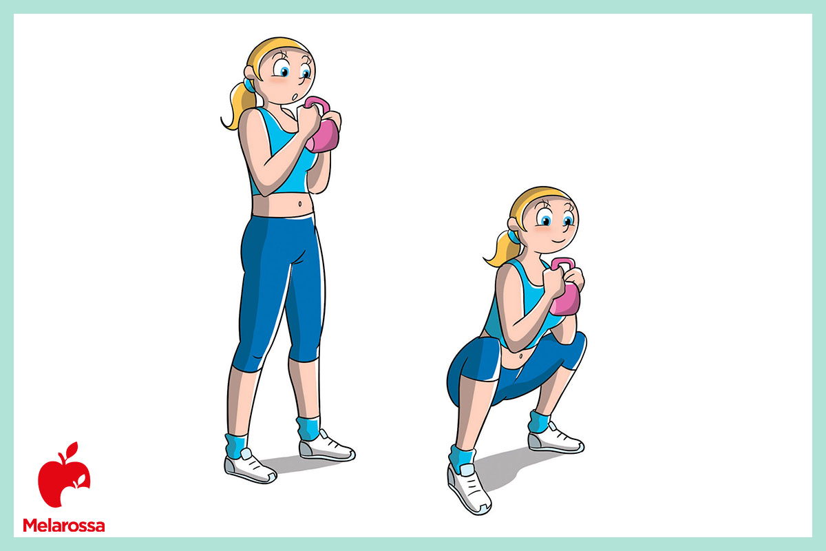 Kettlebell: come iniziare e allenarsi, i migliori esercizi 4 Illustrazione di una donna che esegue il front squat con kettlebell: posizione di partenza eretta con il peso tenuto al petto e successiva discesa in squat.