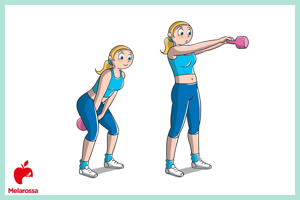 Kettlebell: come iniziare e allenarsi, i migliori esercizi 2 Illustrazione di una donna che esegue lo swing con kettlebell: partenza con piegamento delle gambe e successiva estensione con sollevamento del peso all’altezza delle spalle.