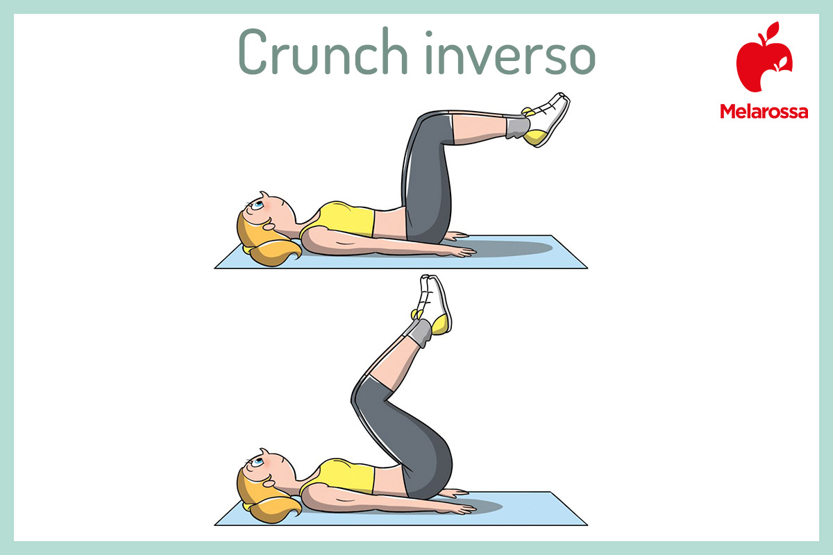 Come dimagrire i fianchi: cosa mangiare e programma di allenamento 3 illustrazione di una donna che esegue un crunch inverso per smaltire le maniglie dell'amore