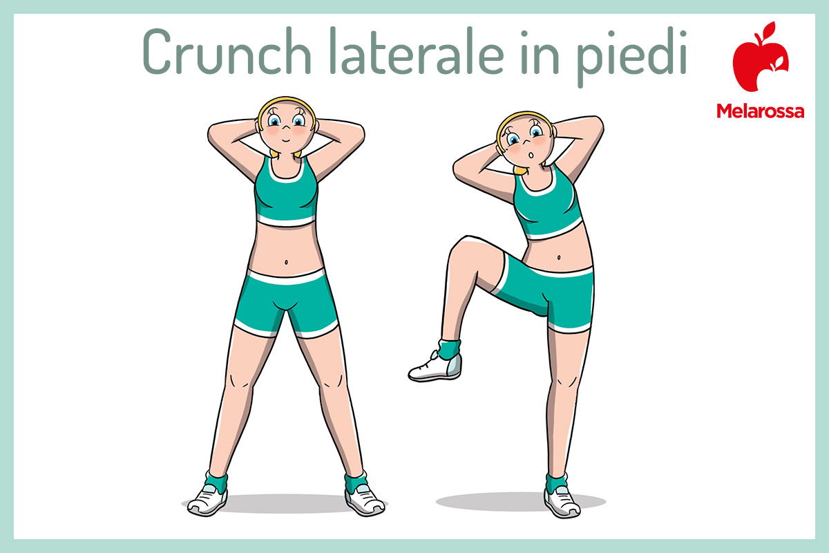 Come dimagrire i fianchi: cosa mangiare e programma di allenamento 2 illustrazione di una donna che esegue un crunch laterale per dimagrire i fianchi