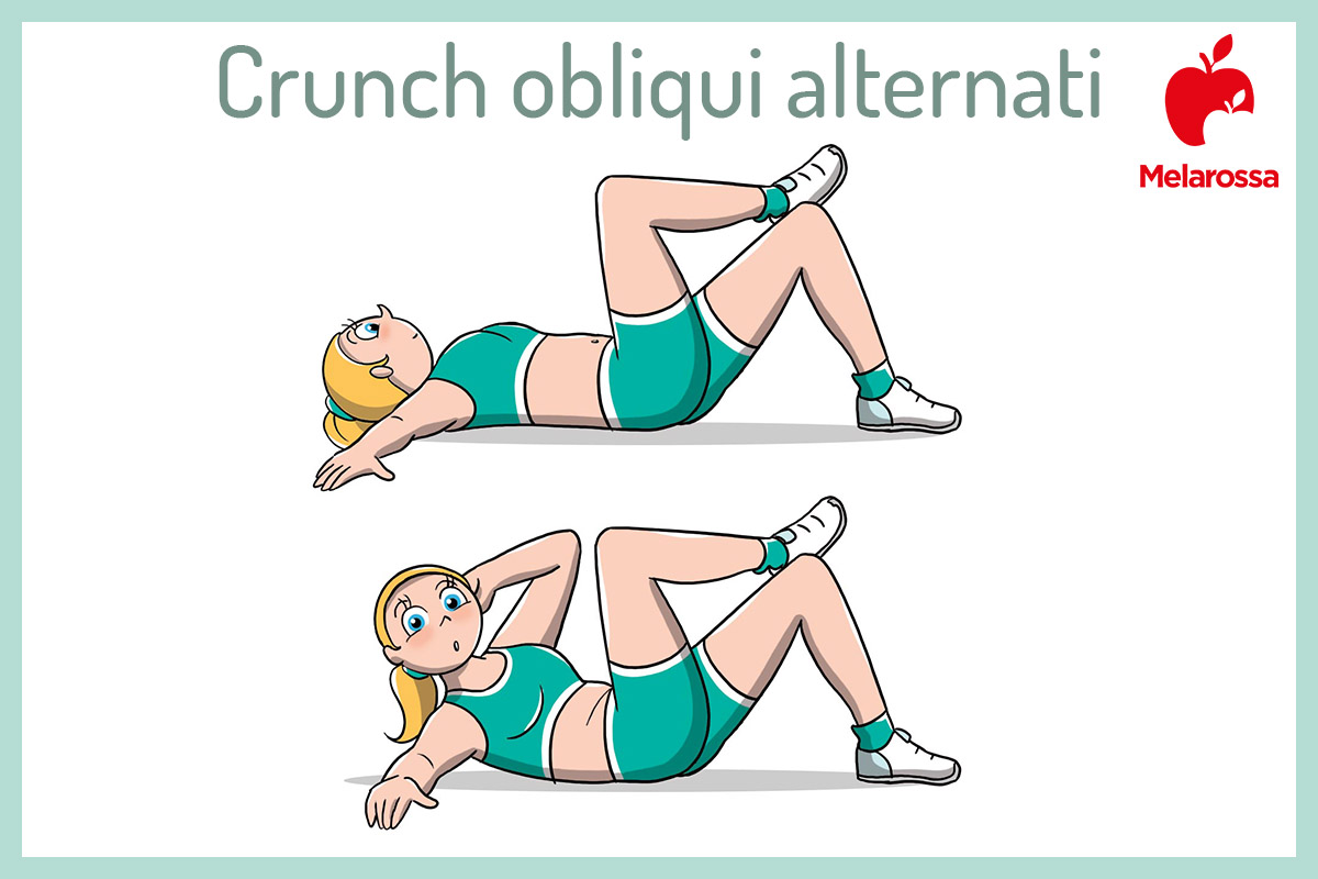 Come dimagrire i fianchi: cosa mangiare e programma di allenamento 5 Illustrazione di una donna che esegue crunch obliqui per dimagrire fianchi