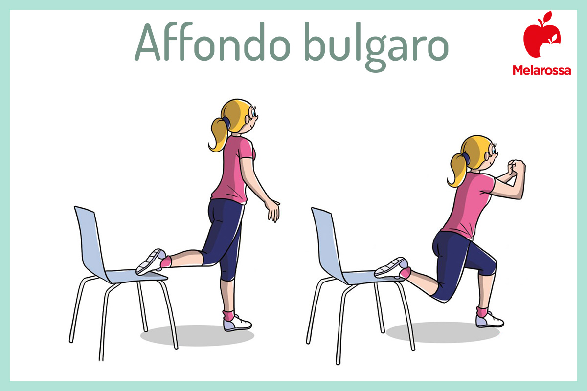 GAG: che cos’è, benefici, video lezione, esercizi per tonificare gambe, addominali e glutei 7 Illustrazione di una donna che esegue un affondo bulgaro