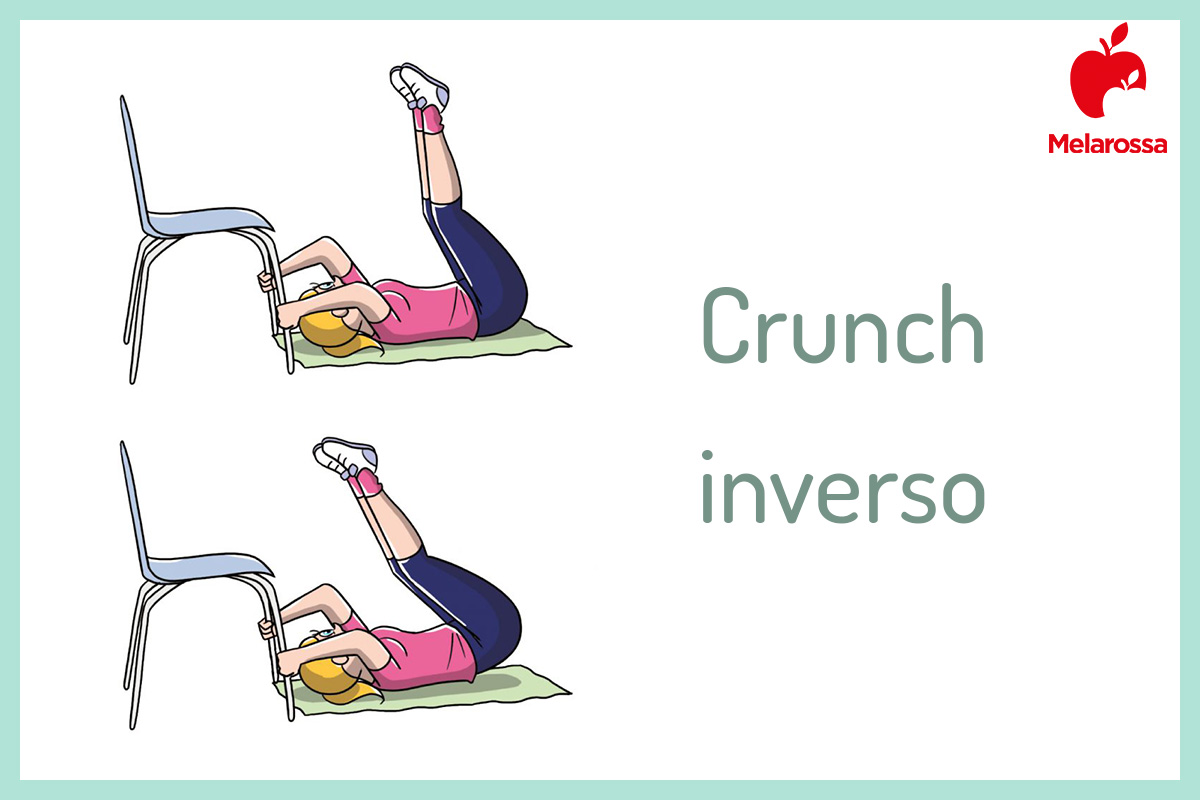 GAG: che cos’è, benefici, video lezione, esercizi per tonificare gambe, addominali e glutei 8 illustrazione di una donna che esegue un crunch inverso con la sedia