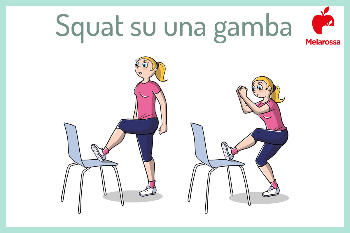 GAG: che cos’è, benefici, video lezione, esercizi per tonificare gambe, addominali e glutei 5 Illustrazione di una donna che esegue uno squat su una gamba con la sedia