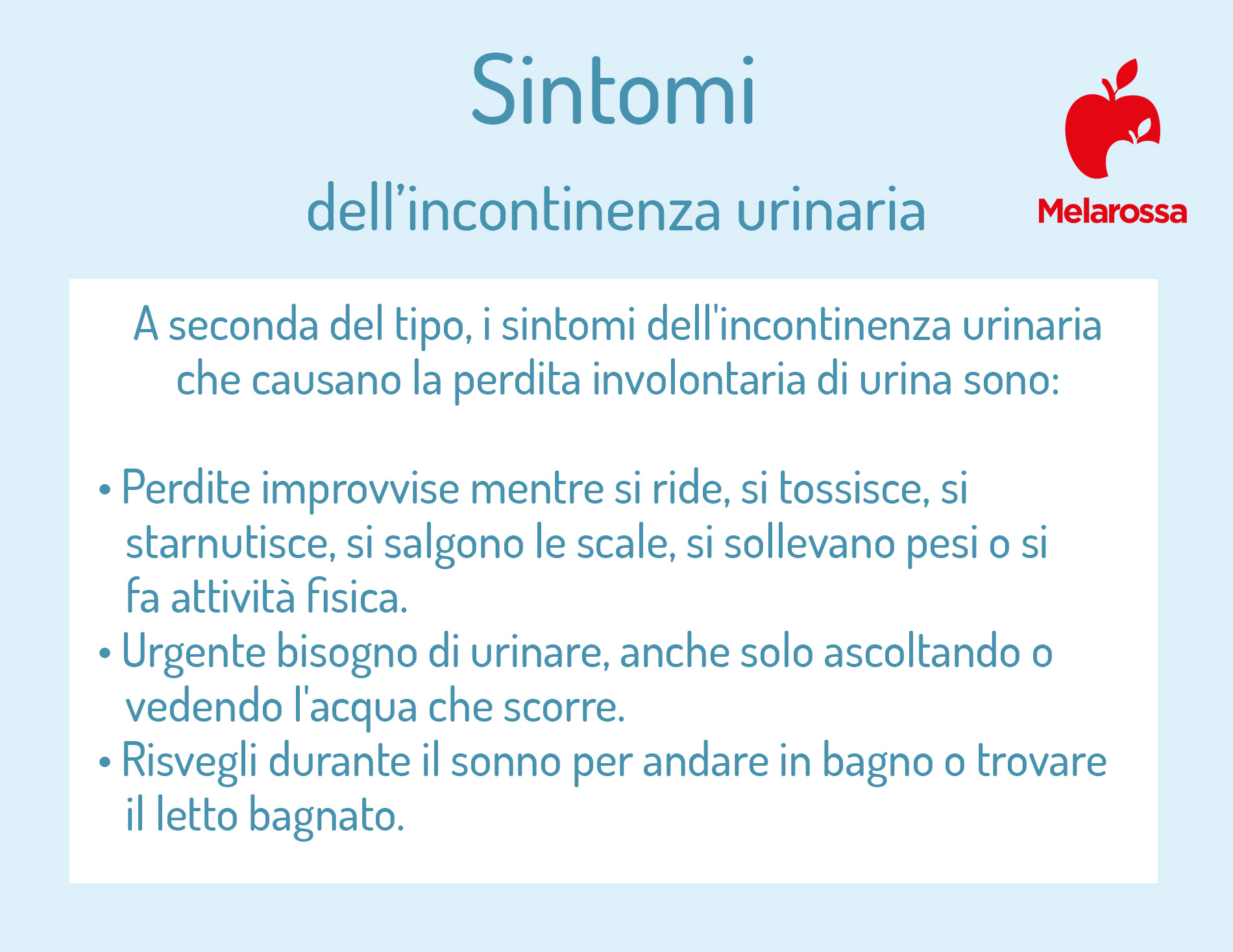 Incontinenza urinaria: maschile e femminile, sintomi, cause e rimedi 1 grafica sui sintomi da incontinenza urinaria