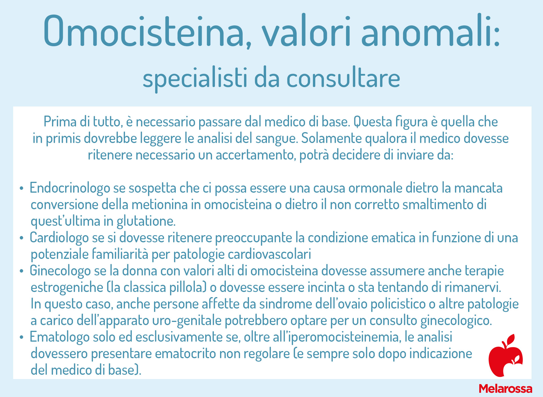 Omocisteina: cos'è, a cosa serve, quando fare l'esame, valori normali, cosa fare quando è alta o bassa 6 omocisteina alta: specialista da consultare