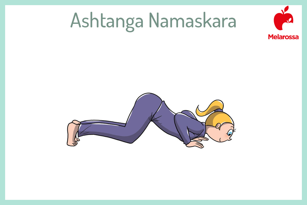 Saluto al Sole o Surya Namaskar: come fare la sequenza (guida illustrata) e perché fa bene alla salute 9 Illustrazione per spiegare la posizione del saluto al sole, Ashtanga Namaskara