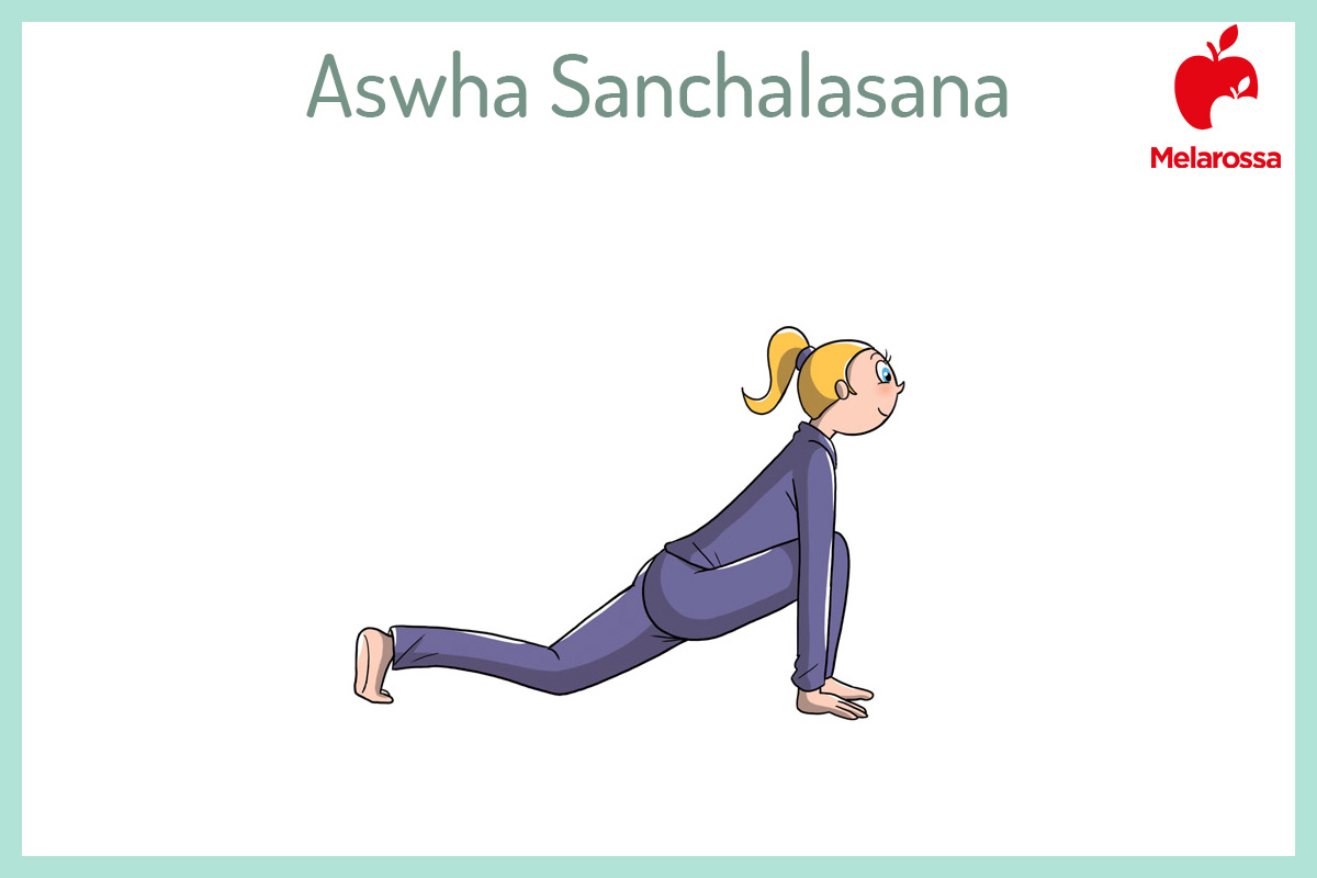 Saluto al Sole o Surya Namaskar: come fare la sequenza (guida illustrata) e perché fa bene alla salute 12 Illustrazione che spiega come fare la posizione del saluto al sole Aswha Sanchalasana o posizione equestr