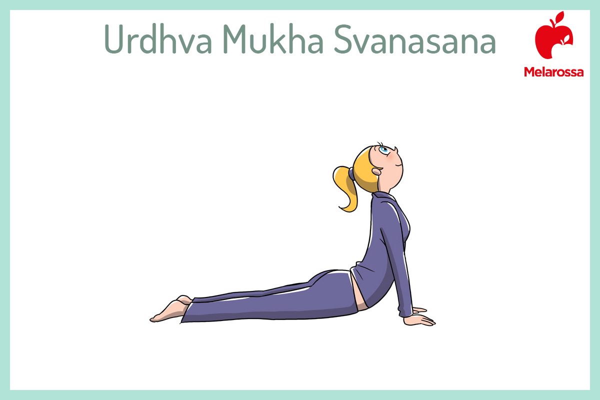 Saluto al Sole o Surya Namaskar: come fare la sequenza (guida illustrata) e perché fa bene alla salute 10 Illustrazione che spiega come fare una posizione del saluto al sole, il cane a testa in su