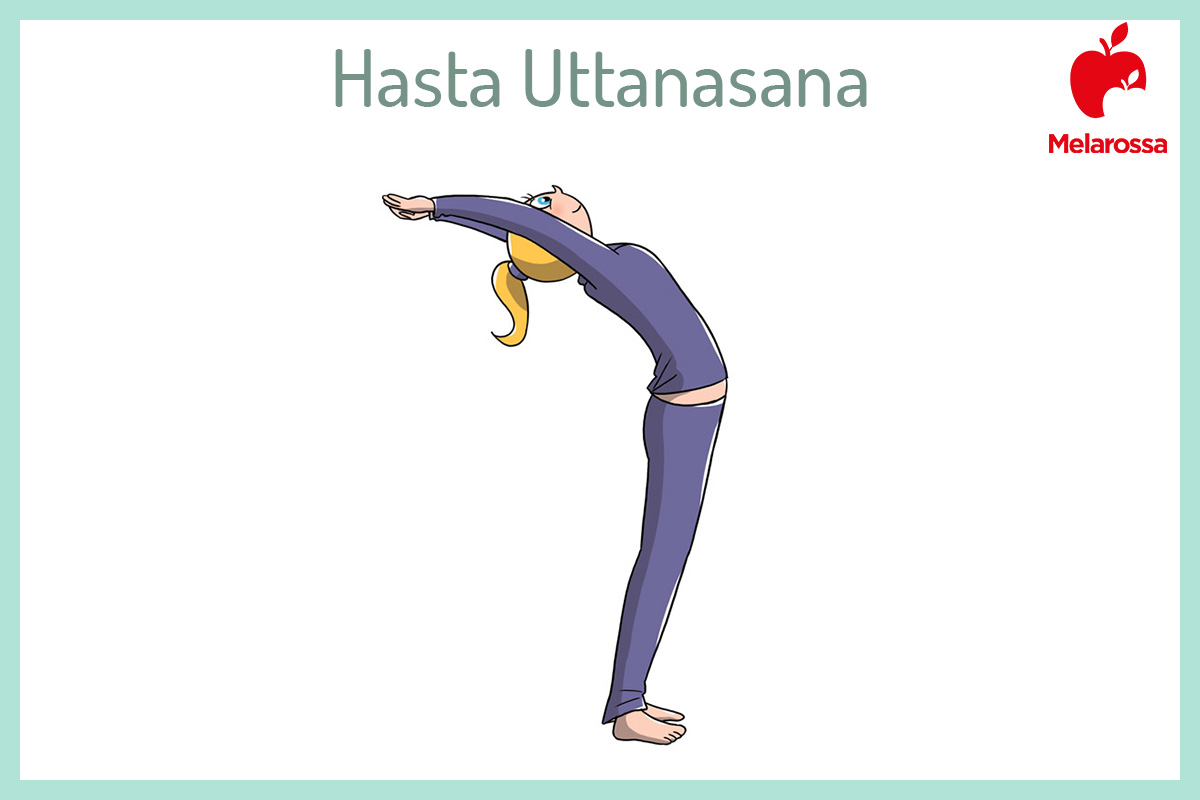 Saluto al Sole o Surya Namaskar: come fare la sequenza (guida illustrata) e perché fa bene alla salute 5 Illustrazione per spiegare una posizione del saluto al sole, Hasta uttanasa portando le braccia in alto e curvando all'indietro la schiena