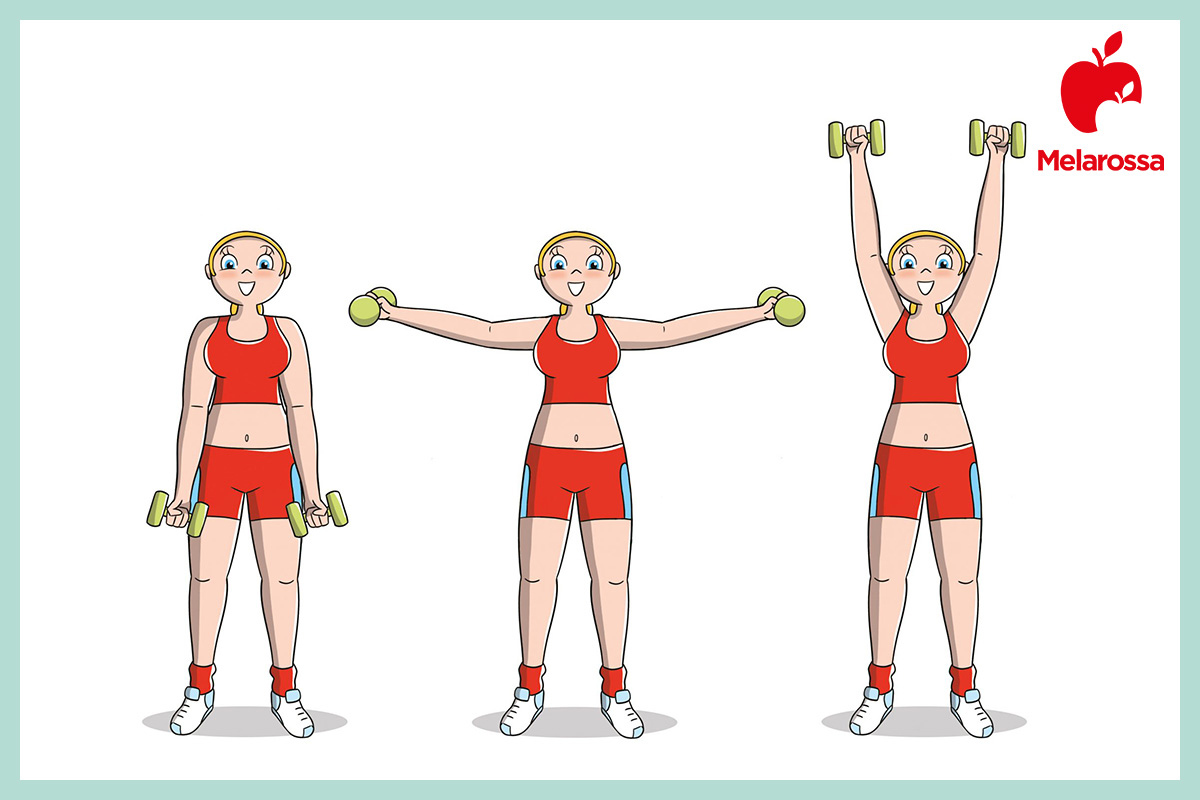 Come rassodare il seno: che sport fare e i migliori esercizi per un seno tonico 2 Illustrazione con una donna che esegue esercizi per rassodare il seno con i manubri in 3 posizioni