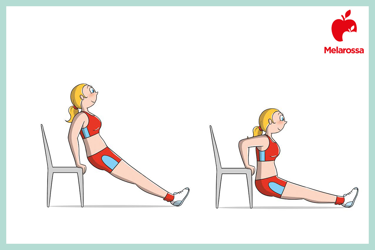 Come rassodare il seno: che sport fare e i migliori esercizi per un seno tonico 4 Illustrazione di una donna che esegue un tricep chair per rassodare il seno cadente in 2 posizioni