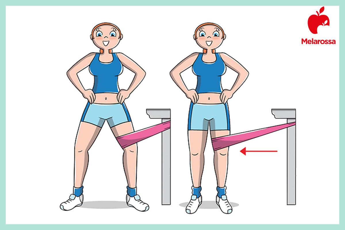 Esercizi per interno coscia per tonificare e rassodare le gambe 3 illustrazione di una donna che fa esercizi per interno coscia con elastico fitness
