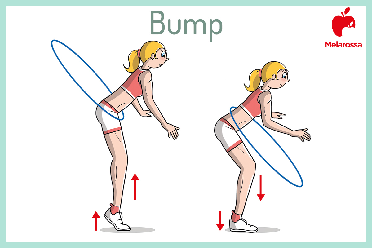 Hula hoop: benefici e esercizi per dimagrire pancia e fianchi 3 illustrazione di una donna che esegue con l'hula hoop un esercizio chiamato bump