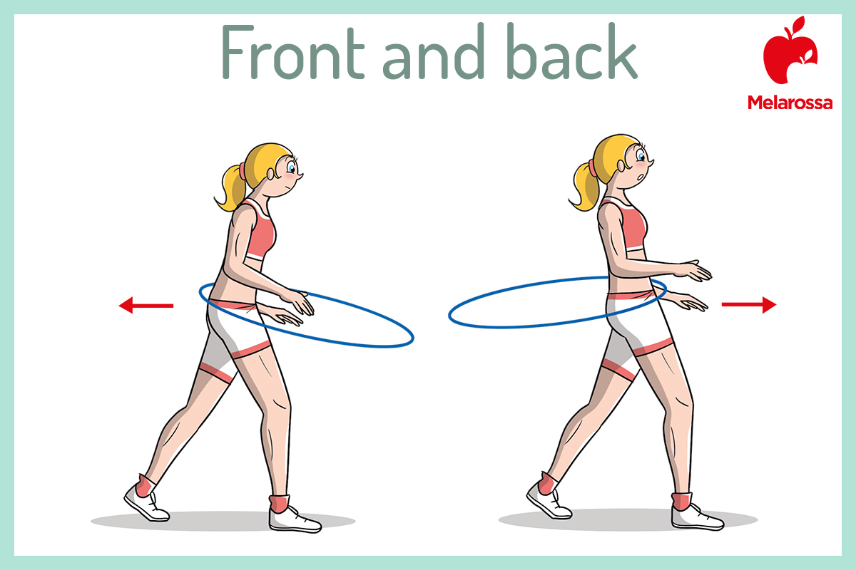 Hula hoop: benefici e esercizi per dimagrire pancia e fianchi 2 Illustrazione con una donna che fa capire come eseguire l'esercizio di camminata avanti indietro con hula hoop