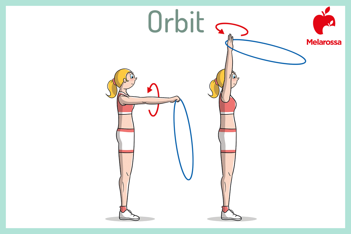 Hula hoop: benefici e esercizi per dimagrire pancia e fianchi 4 illustrazione di una donna che esegue con l'hula hoop un esercizio per tonificare le braccia