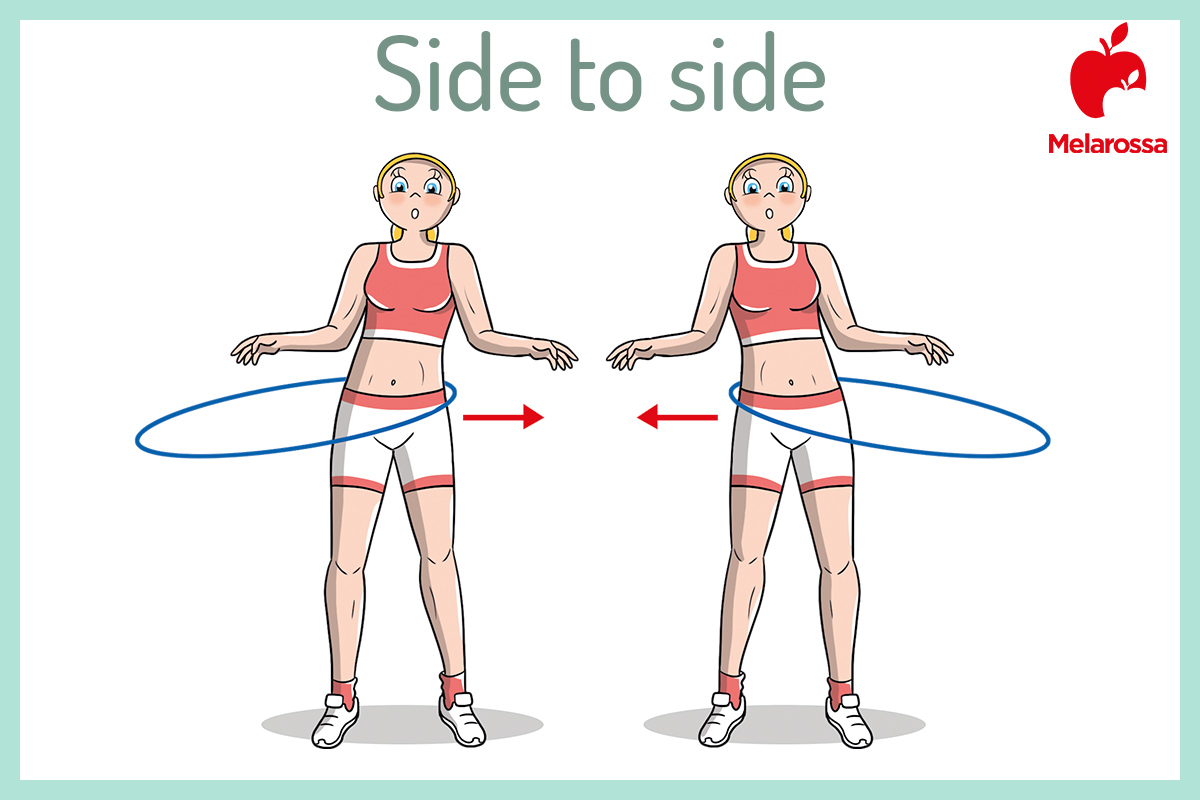 Hula hoop: benefici e esercizi per dimagrire pancia e fianchi 5 illustrazione di una donna che esegue con l'hula hoop un esercizio per il girovita
