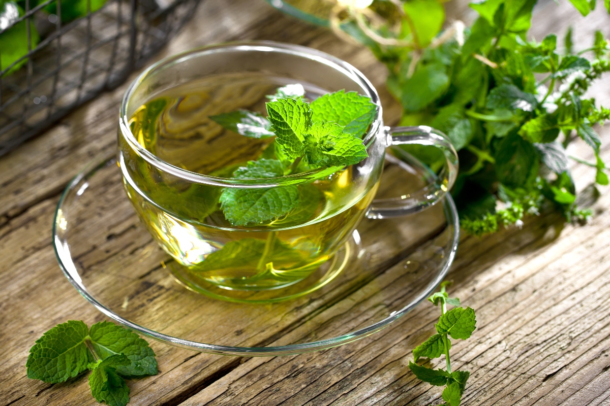 Menta piperita: proprietà, benefici, usi e controindicazioni 2 Una tazza in vetro che contiene una tisana alla menta piperita