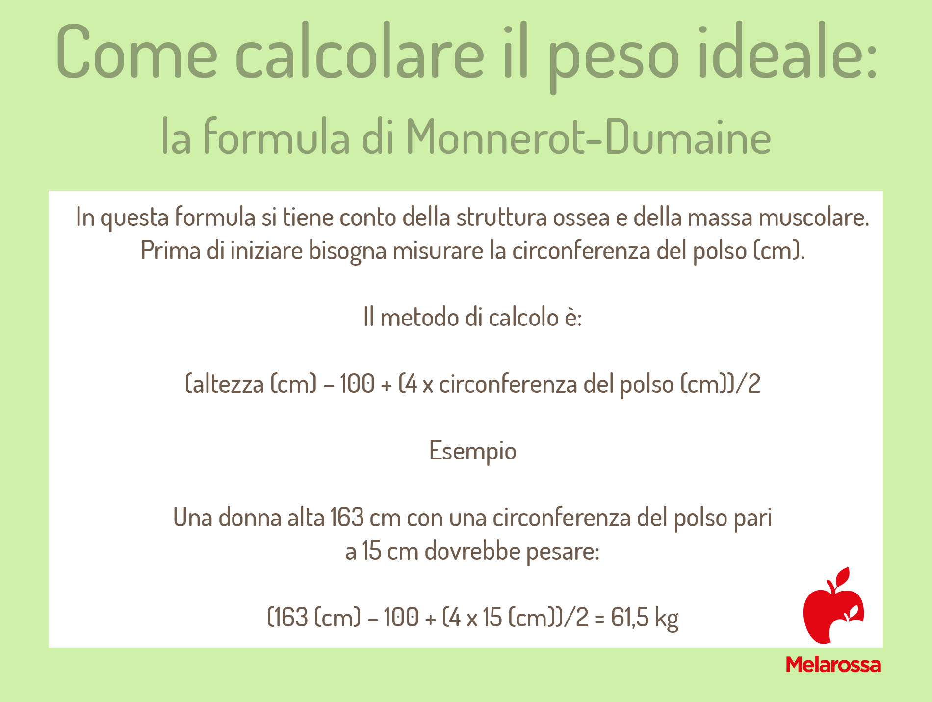 Peso ideale: qual è il peso forma, come calcolarlo e tabella peso forma per età e sesso 6 Grafica che dà esempi si come calcolo peso ideale secondo la formula di Monnerot