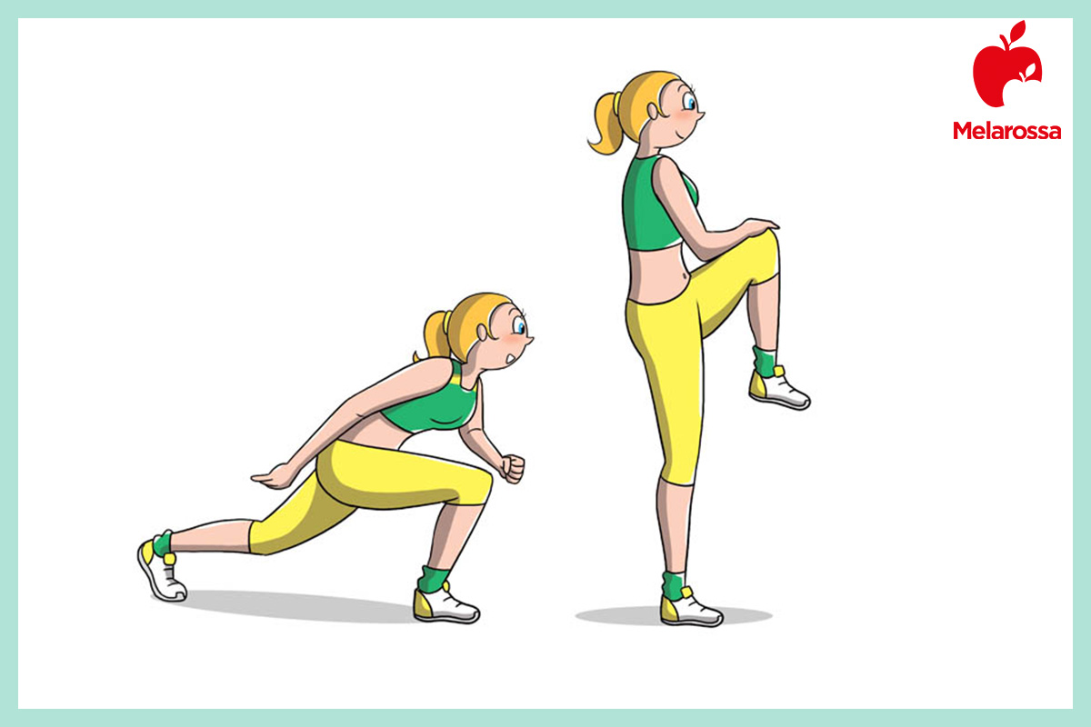 Salto con la corda: benefici, come allenarsi, muscoli coinvolti e programmi di allenamento 10 illustrazione di una donna che esegue un reverse lunge in un programma di allenamento di salto con la corda combinato