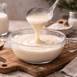 Besciamella light senza burro 1 In primo piano su un tagliere di legno c'è una ciotola di vetro con della besciamella light. Sullo sfondo alcuni ingredienti della ricetta come latte, farina e noce moscata.