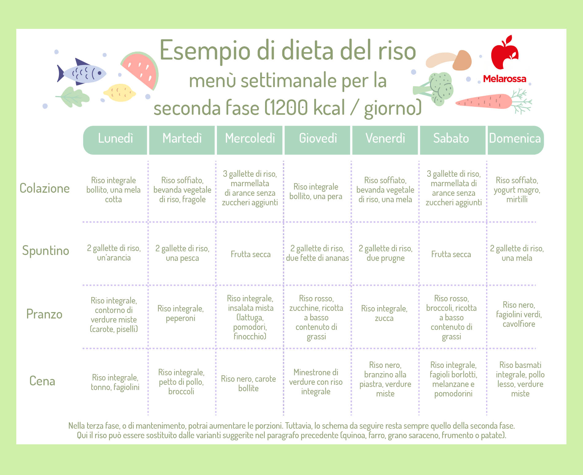 Dieta del riso: che cos'è, come funziona, schema e fasi, cosa mangiare, esempio di menù settimanale, controindicazioni 6 dieta del riso: esempio di menù settimanale della seconda settimana
