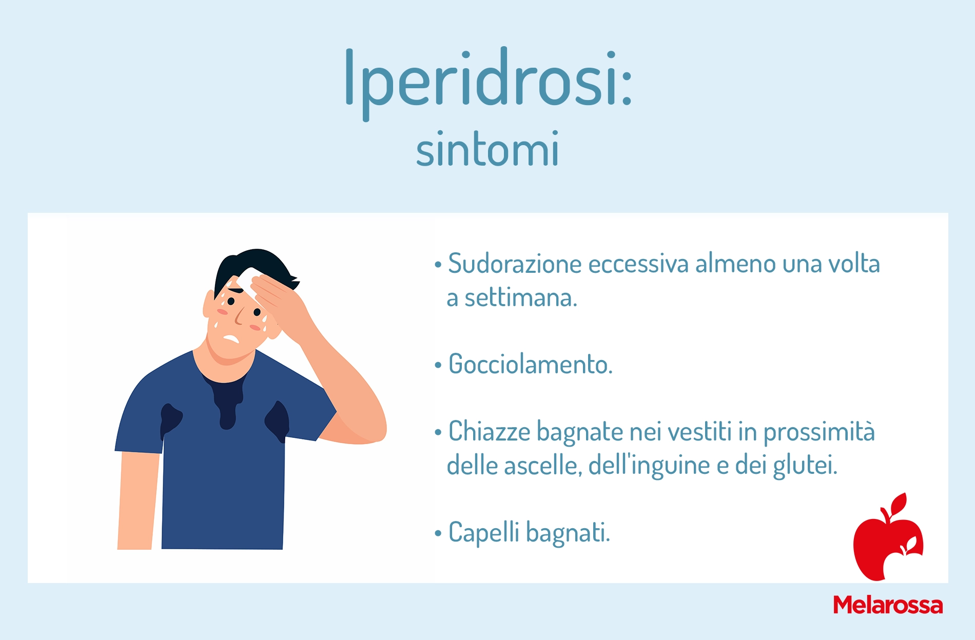 Iperidrosi o sudorazione eccessiva: cos'è e cosa fare 1 Grafica sui sintomi dell'iperidrosi