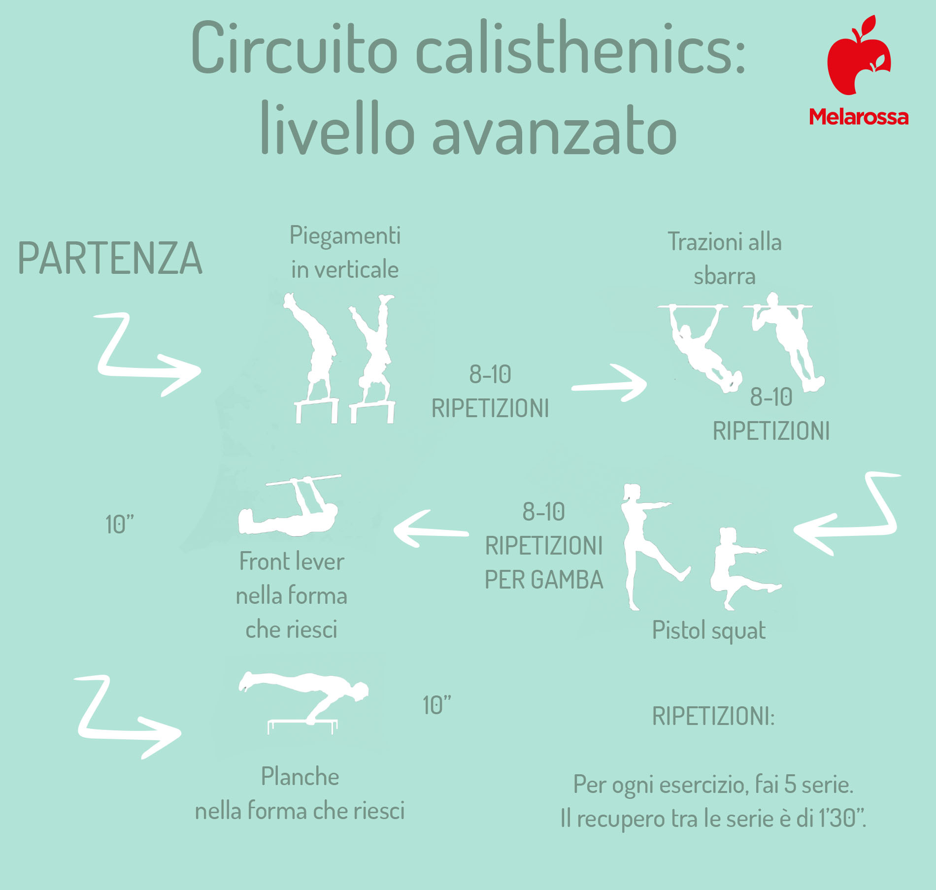 Calisthenics: che cos'è, benefici, esercizi e esempi di allenamento per principianti, intermedi e avanzati 3 grafica con i migliori esercizi di calisthenics per livello avanzato con un esempio di scheda di allenamento