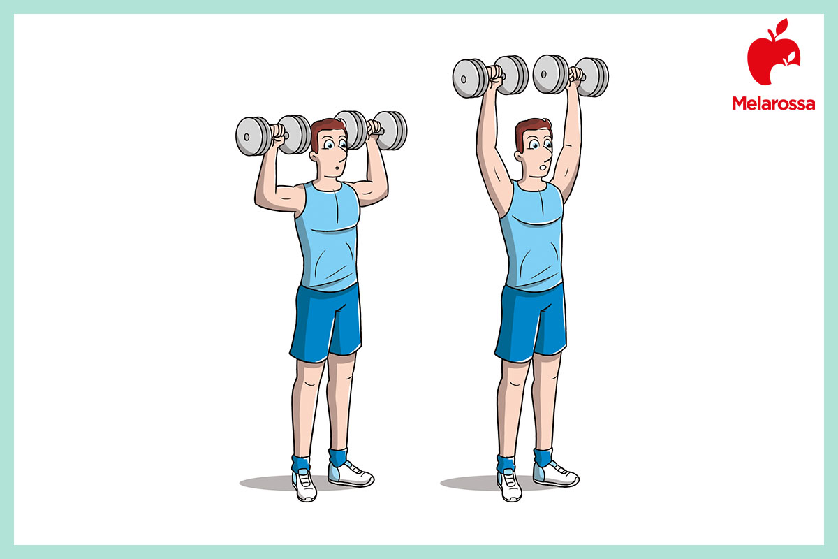 Workout a casa: schede di allenamento complete con e senza attrezzi 3 illustrazione di un uomo che solleva i pesi con le braccia in alto