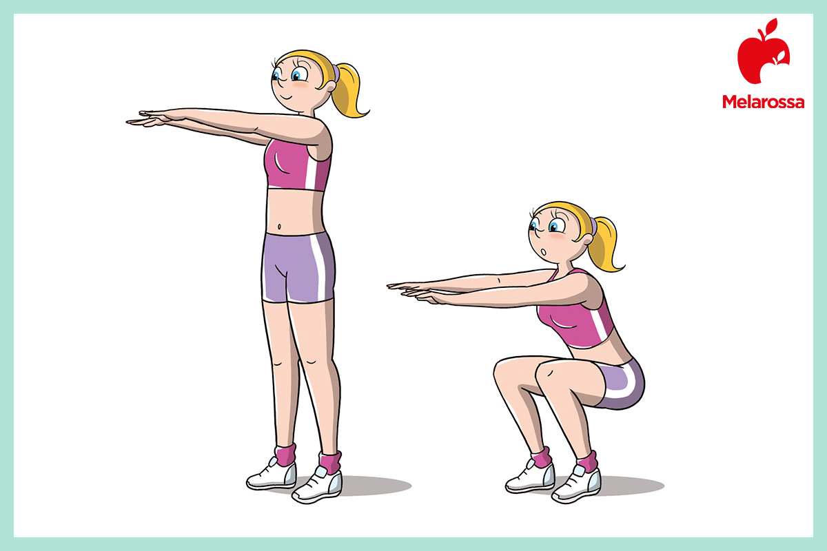 Workout a casa: schede di allenamento complete con e senza attrezzi 5 disegno di una donna che fa lo squat