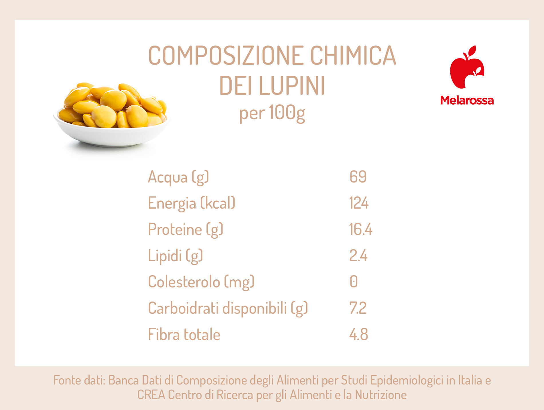 Lupini: calorie, proprietà e come mangiarli 2 tabella grafica con le calorie di lupini e composizione chimica