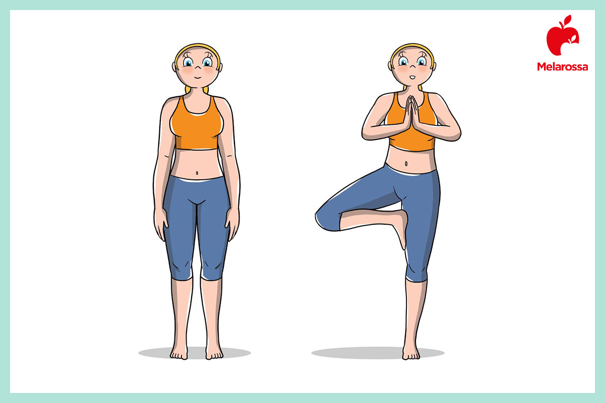 Hatha Yoga: che cos'è, benefici, posizioni e costi delle lezioni 5 Illustrazione hatha-yoga Vrksasana posizione dell’albero equilibrio su una gamba con mani in preghiera.