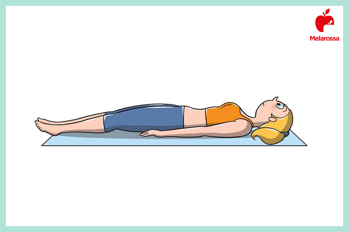 Hatha Yoga: che cos'è, benefici, posizioni e costi delle lezioni 7 Illustrazione hatha-yoga Savasana posizione del cadavere donna distesa supina su tappetino.